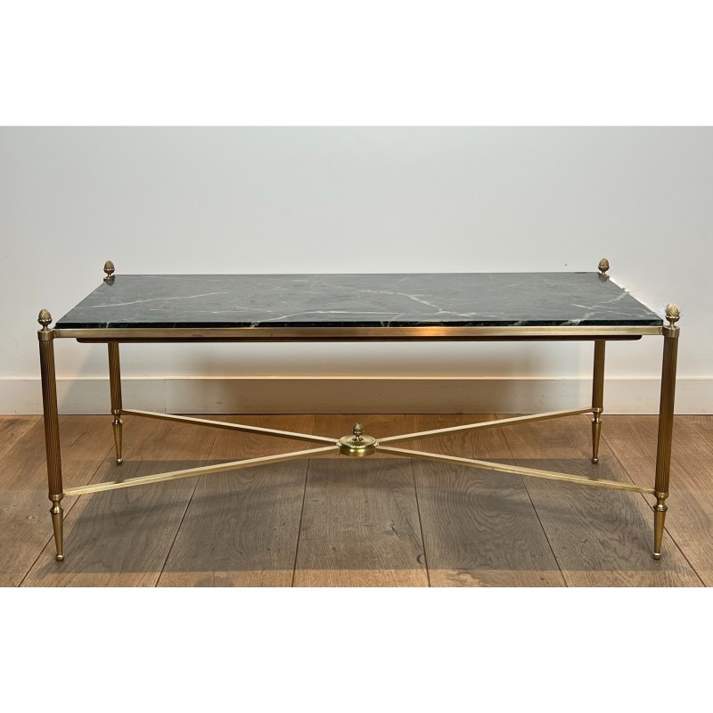 Table Basse Néoclassique en Laiton et Marbre Vert, Maison Jansen, Travail Français, vers 1940