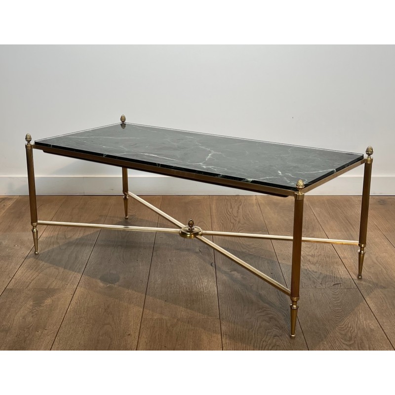 Table Basse Néoclassique en Laiton et Marbre Vert, Maison Jansen, Travail Français, vers 1940