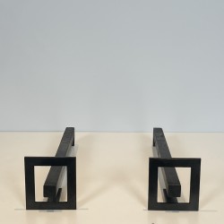 Pair of Modernist Steel and Wrought Iron Andirons, French Work, circa 1970