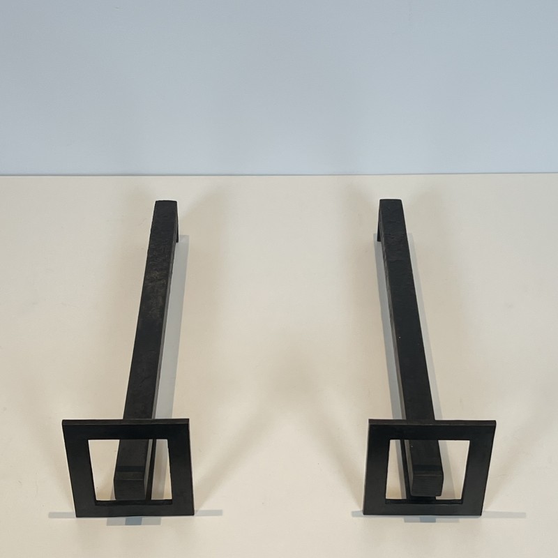 Paire de Chenets Modernistes en Acier et Fer Forgé, Travail Français, vers 1970