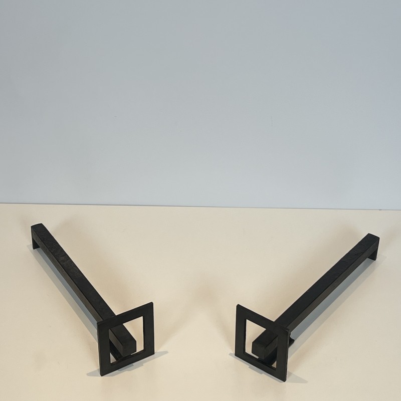 Pair of Modernist Steel and Wrought Iron Andirons, French Work, circa 1970