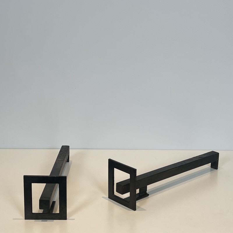 Pair of Modernist Steel and Wrought Iron Andirons, French Work, circa 1970