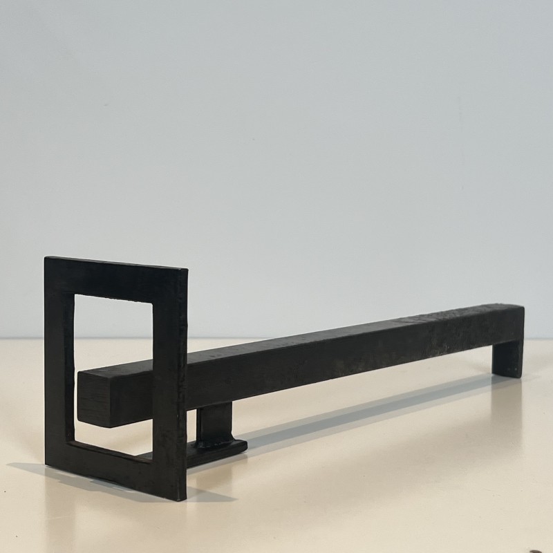 Pair of Modernist Steel and Wrought Iron Andirons, French Work, circa 1970