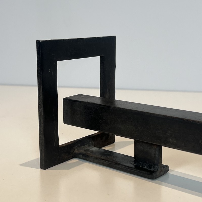 Paire de Chenets Modernistes en Acier et Fer Forgé, Travail Français, vers 1970