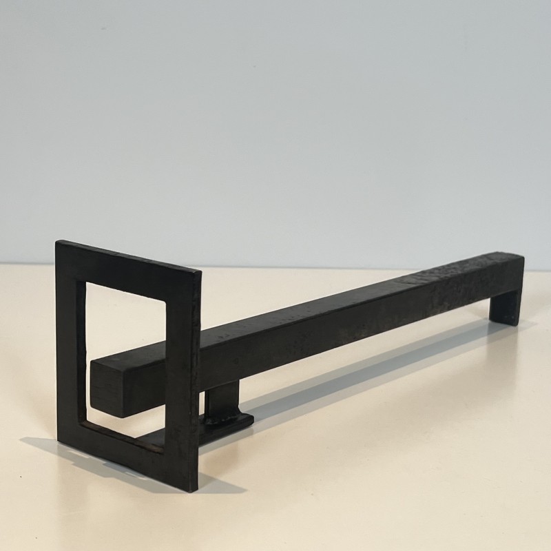 Pair of Modernist Steel and Wrought Iron Andirons, French Work, circa 1970