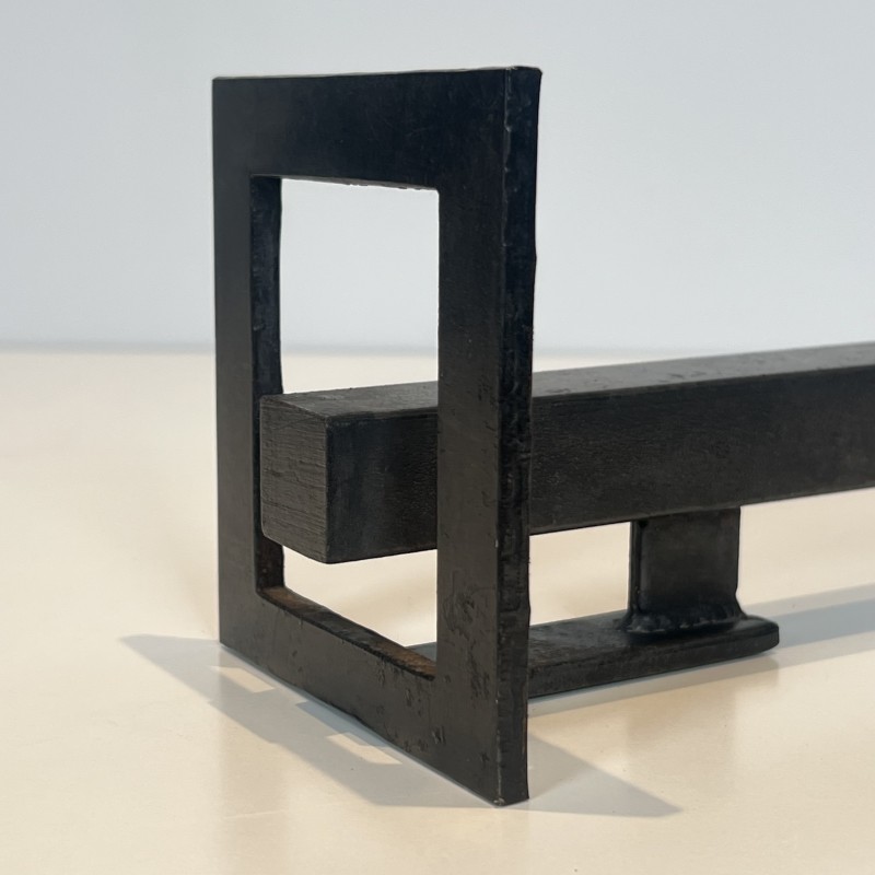 Paire de Chenets Modernistes en Acier et Fer Forgé, Travail Français, vers 1970