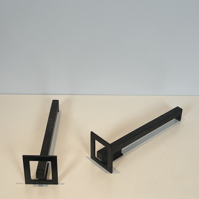 Pair of Modernist Steel and Wrought Iron Andirons, French Work, circa 1970