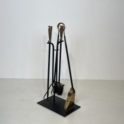 Black Lacquered Metal and Brass Design Fireplace Tools on Stand, French Work, circa 1970