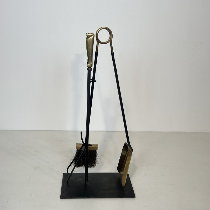 Nécessaire de Feu Design en Métal Laqué Noir et Laiton, Travail Français, vers 1970