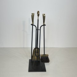 Black Lacquered Metal and Brass Design Fireplace Tools on Stand, French Work, circa 1970