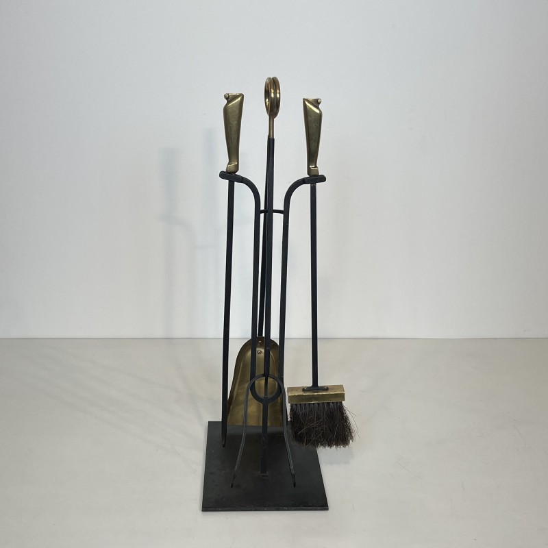 Nécessaire de Feu Design en Métal Laqué Noir et Laiton, Travail Français, vers 1970