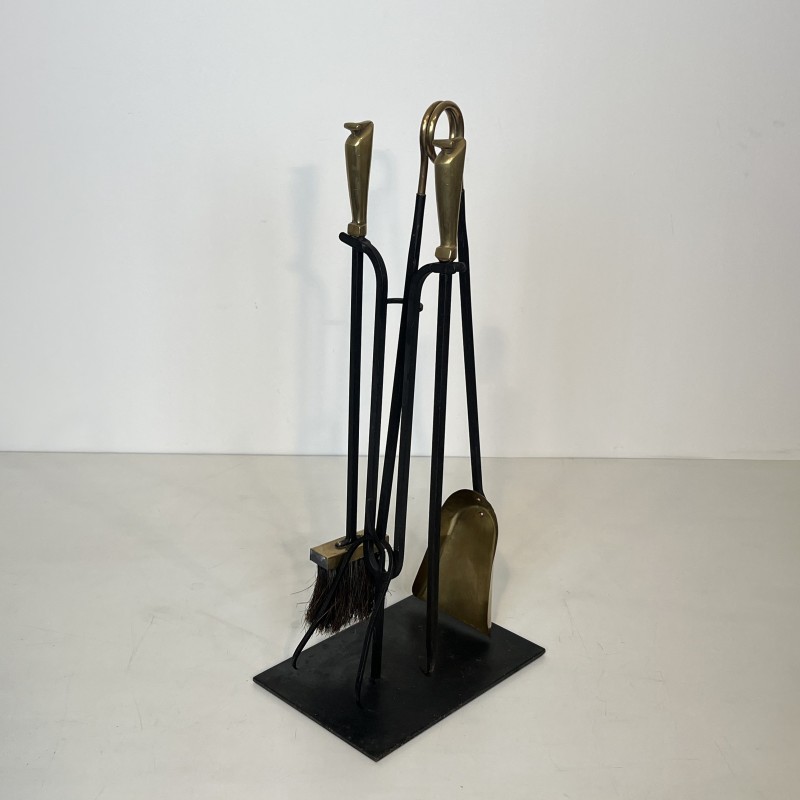 Nécessaire de Feu Design en Métal Laqué Noir et Laiton, Travail Français, vers 1970