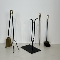 Black Lacquered Metal and Brass Design Fireplace Tools on Stand, French Work, circa 1970