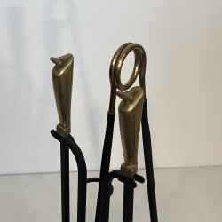 Black Lacquered Metal and Brass Design Fireplace Tools on Stand, French Work, circa 1970