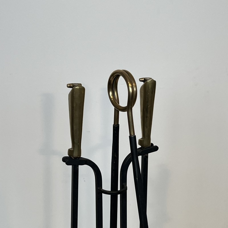 Black Lacquered Metal and Brass Design Fireplace Tools on Stand, French Work, circa 1970