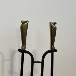 Nécessaire de Feu Design en Métal Laqué Noir et Laiton, Travail Français, vers 1970