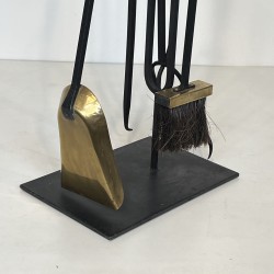 Black Lacquered Metal and Brass Design Fireplace Tools on Stand, French Work, circa 1970