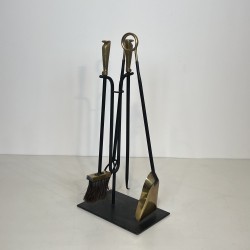 Black Lacquered Metal and Brass Design Fireplace Tools on Stand, French Work, circa 1970