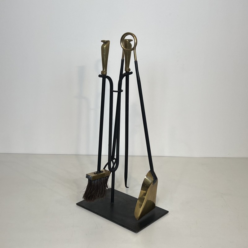 Black Lacquered Metal and Brass Design Fireplace Tools on Stand, French Work, circa 1970
