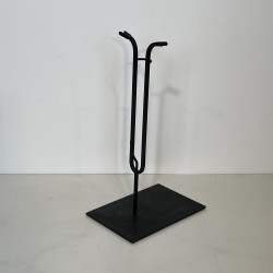 Black Lacquered Metal and Brass Design Fireplace Tools on Stand, French Work, circa 1970