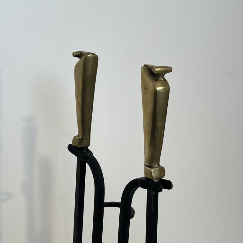 Nécessaire de Feu Design en Métal Laqué Noir et Laiton, Travail Français, vers 1970