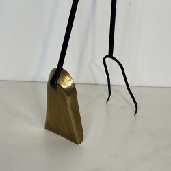 Black Lacquered Metal and Brass Design Fireplace Tools on Stand, French Work, circa 1970