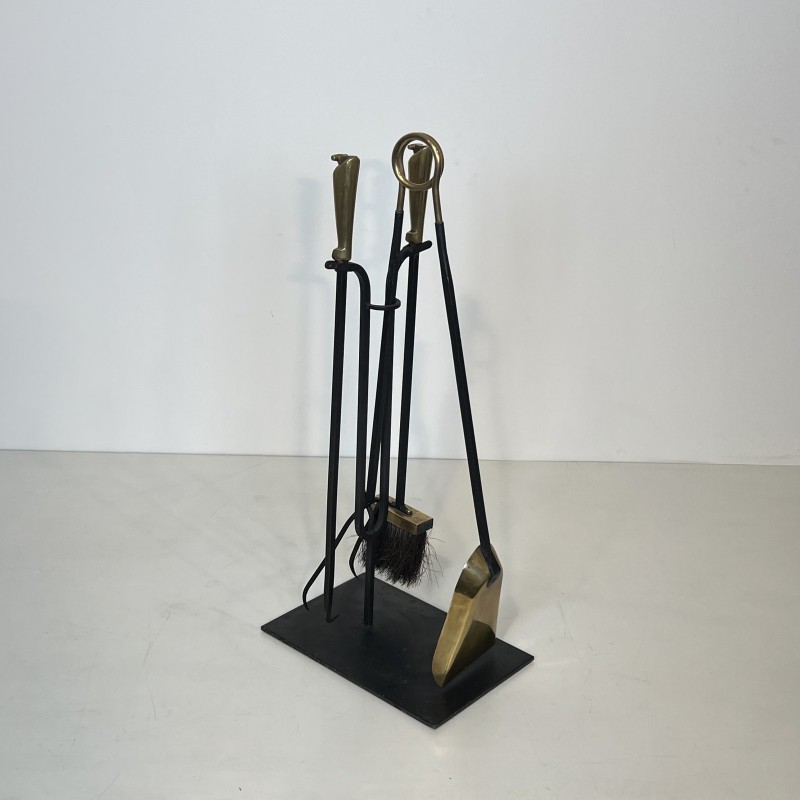 Nécessaire de Feu Design en Métal Laqué Noir et Laiton, Travail Français, vers 1970