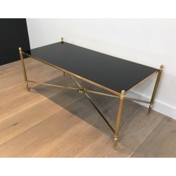 Neoclassical Brass Coffee Table with Black Lacquered Glass Top by Maison Jansen, French Work, circa 1940