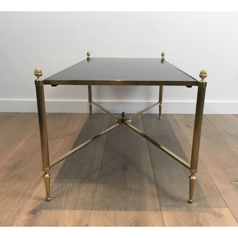 Neoclassical Brass Coffee Table with Black Lacquered Glass Top by Maison Jansen, French Work, circa 1940