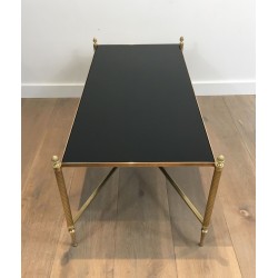 Neoclassical Brass Coffee Table with Black Lacquered Glass Top by Maison Jansen, French Work, circa 1940
