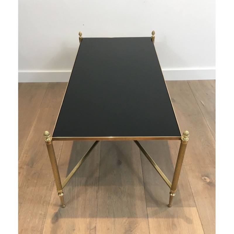 Neoclassical Brass Coffee Table with Black Lacquered Glass Top by Maison Jansen, French Work, circa 1940