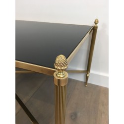 Table Basse Néoclassique en Laiton et Verre Laqué Noir, Maison Jansen, vers 1940