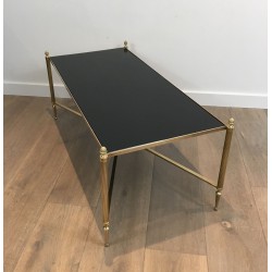 Neoclassical Brass Coffee Table with Black Lacquered Glass Top by Maison Jansen, French Work, circa 1940