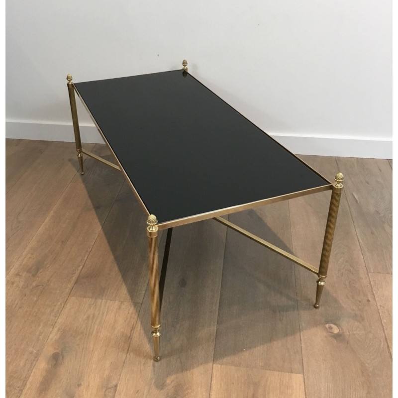 Neoclassical Brass Coffee Table with Black Lacquered Glass Top by Maison Jansen, French Work, circa 1940