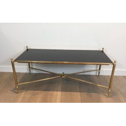 Table Basse Néoclassique en Laiton et Verre Laqué Noir, Maison Jansen, vers 1940