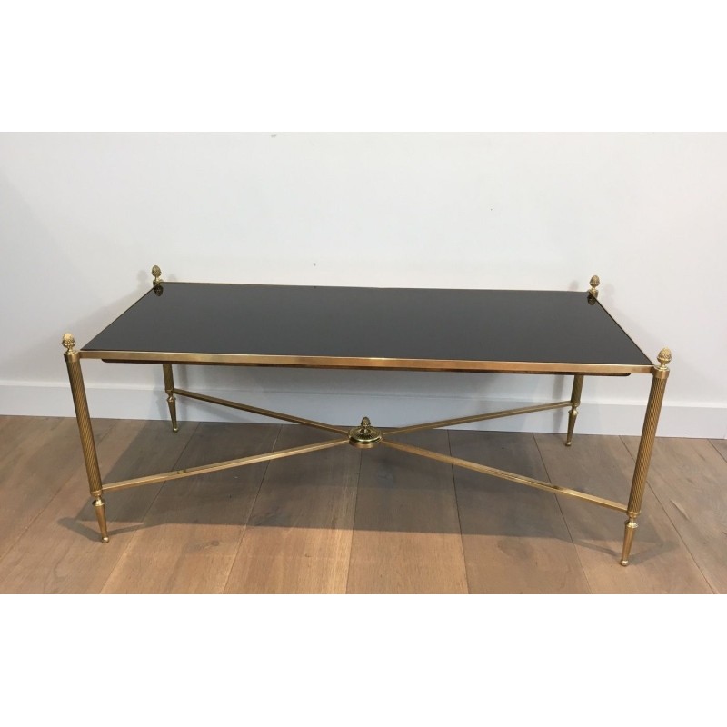 Table Basse Néoclassique en Laiton et Verre Laqué Noir, Maison Jansen, vers 1940