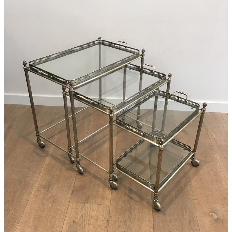Rare Set of 3 Neoclassical Silvered Brass Nesting Tables on Casters by Maison Baguès, French Work, circa 1940