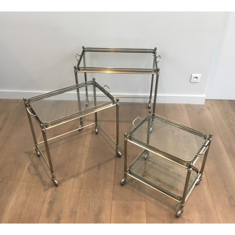 Rare Set of 3 Neoclassical Silvered Brass Nesting Tables on Casters by Maison Baguès, French Work, circa 1940