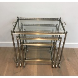 Rare Set of 3 Neoclassical Silvered Brass Nesting Tables on Casters by Maison Baguès, French Work, circa 1940