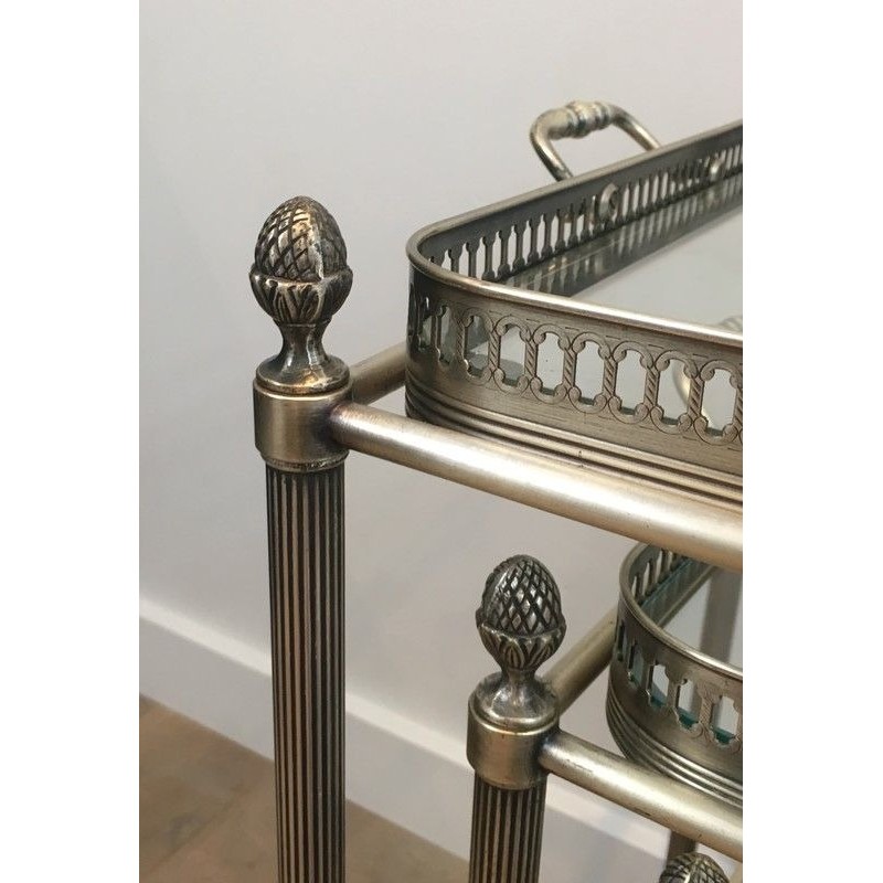 Rare Set of 3 Neoclassical Silvered Brass Nesting Tables on Casters by Maison Baguès, French Work, circa 1940