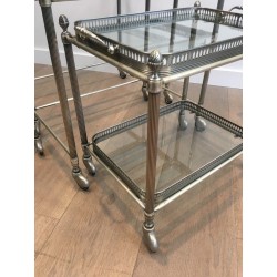 Rare Set of 3 Neoclassical Silvered Brass Nesting Tables on Casters by Maison Baguès, French Work, circa 1940