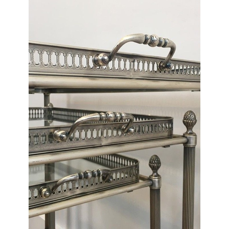 Rare Set of 3 Neoclassical Silvered Brass Nesting Tables on Casters by Maison Baguès, French Work, circa 1940