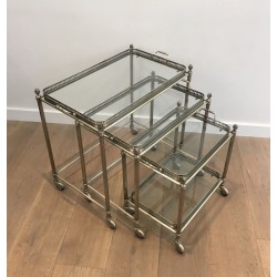 Rare Set of 3 Neoclassical Silvered Brass Nesting Tables on Casters by Maison Baguès, French Work, circa 1940