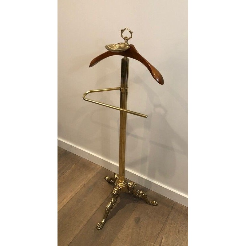 Brass and Wood Valet Stand with Lion Head and Paw Foot Mounts, French Work, circa 1940