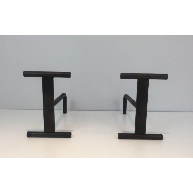 Pair of Modernist Wrought Iron Fireplace Andirons, French Work, circa 1970