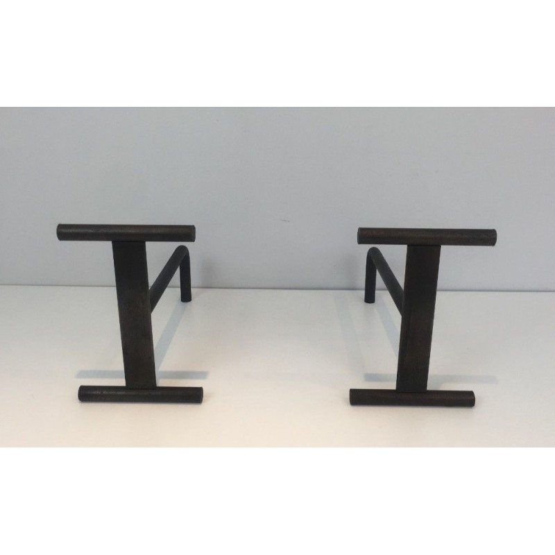 Pair of Modernist Wrought Iron Fireplace Andirons, French Work, circa 1970