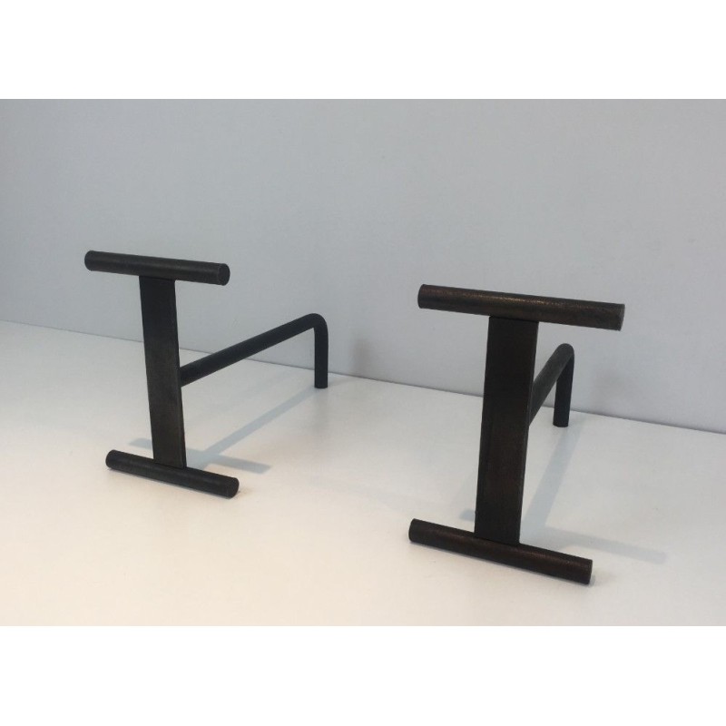 Pair of Modernist Wrought Iron Fireplace Andirons, French Work, circa 1970
