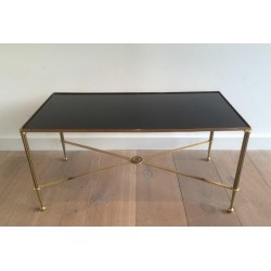 Table Basse Art Déco en Laiton et Verre Laqué Noir, vers 1940