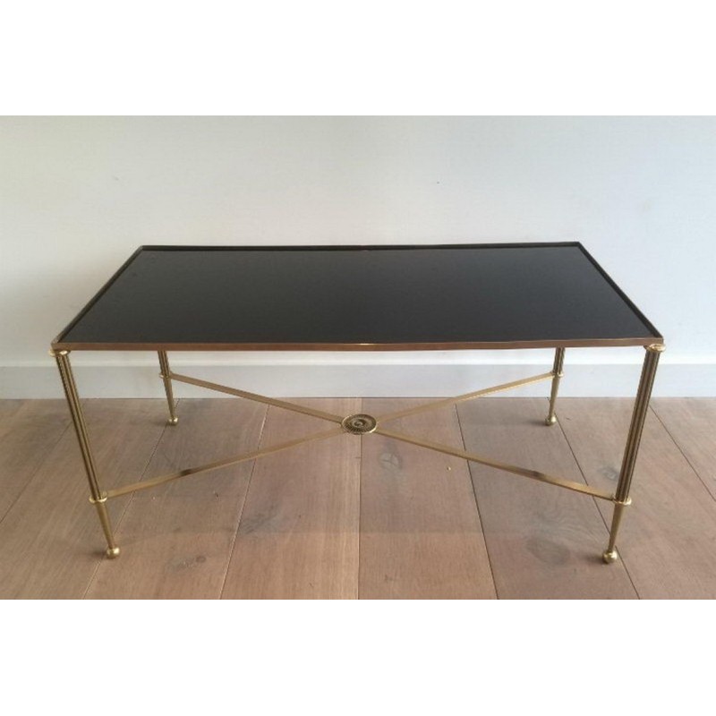Table Basse Art Déco en Laiton et Verre Laqué Noir, vers 1940
