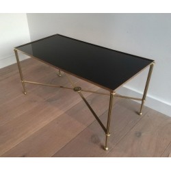 Table Basse Art Déco en Laiton et Verre Laqué Noir, vers 1940